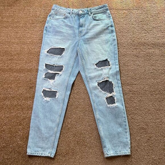TopShop Womens Light Blue Moto Bleach Fishnet Distressed Mom‎ Jeans Size 28 - Picture 1 of 13